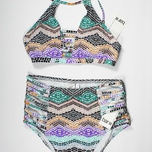 BAR III Sand Color Printed High-Neck Cutout Bikini